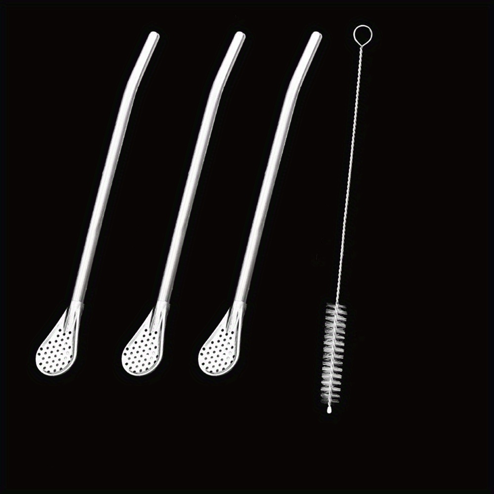 

4pcs/set Stainless Steel Drinking Straw With Filter Spoon, Tea Straw With Cleaning Brush, Reusable Stirring Spoon, For Coffee Shop, Restaurant, Milk Tea Shop (3pcs Spoons&1pc Brush)