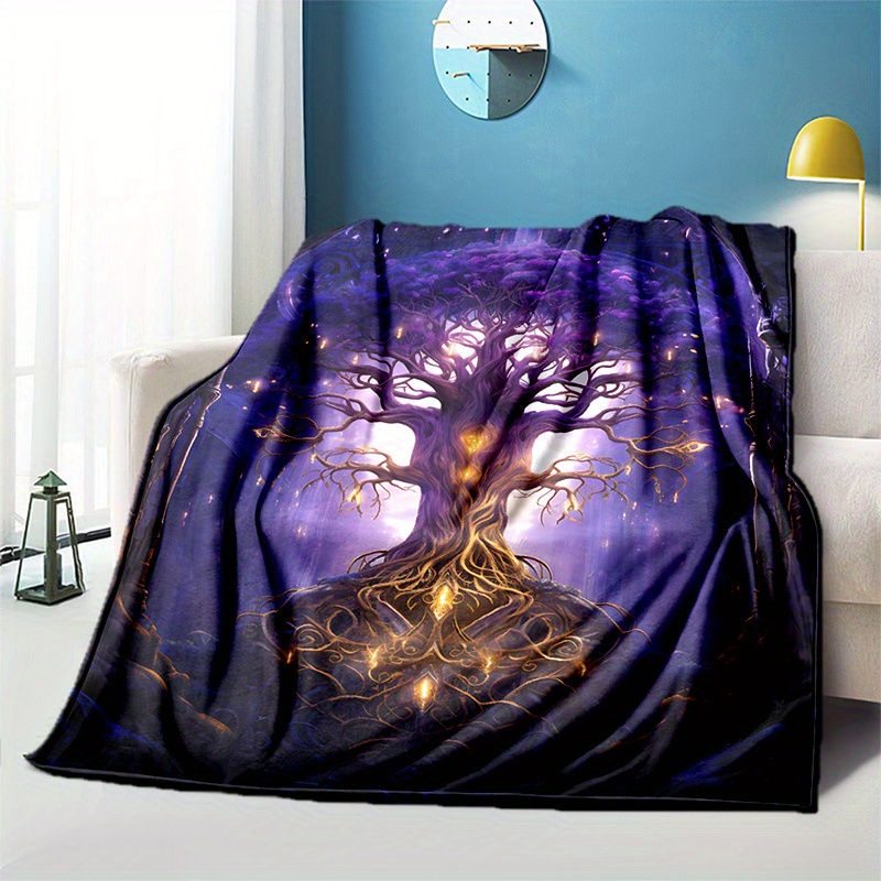 Cozy Purple Starlight Golden Tree Of Life Print Blanket - Temu
