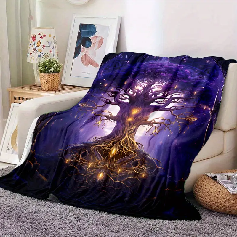 Cozy Purple Starlight Golden Tree Of Life Print Blanket - Temu
