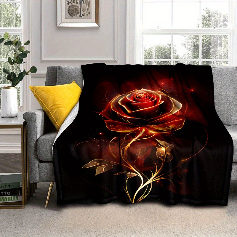 TEMU 1pc Cozy Golden Rose Printed Blanket Lightweight Flannel Throw Blanket For Sofa, Bed, Living Room, Office, Couch, Travel, Camping Chair, And Bed