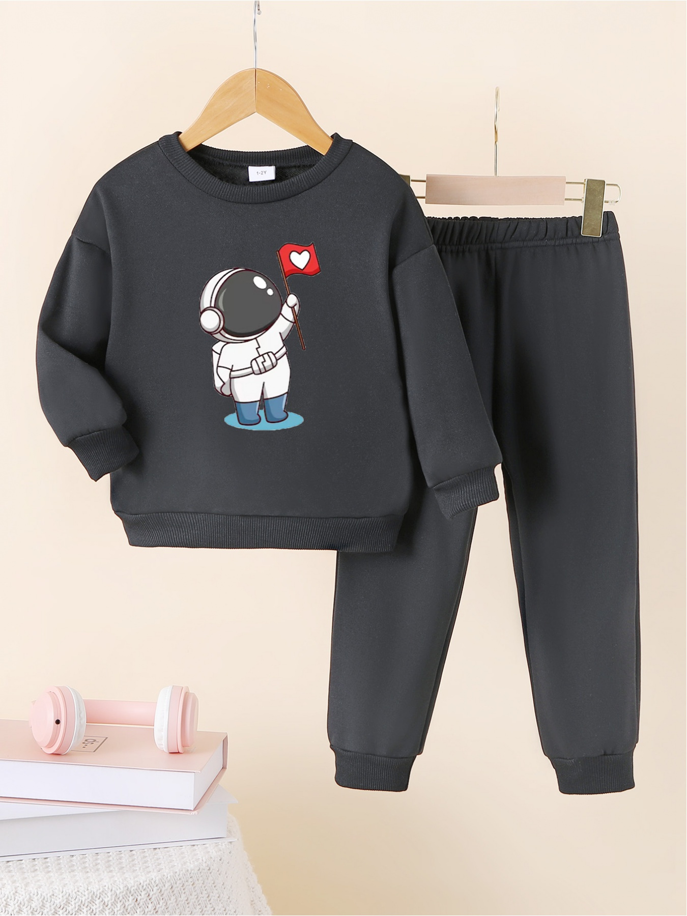 2pcs Girls Astronaut Bike Print Outfit Jacquard Hoodie Sweatpants