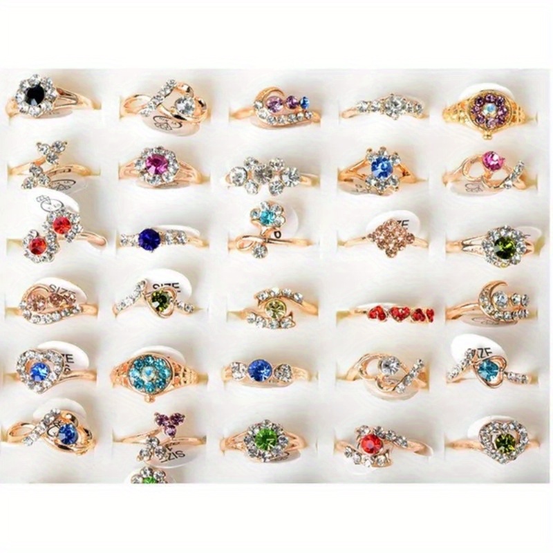 10pcs Mixed Colors Crystal Rhinestone Golden Rings for Women, Christmas Gifts,Temu