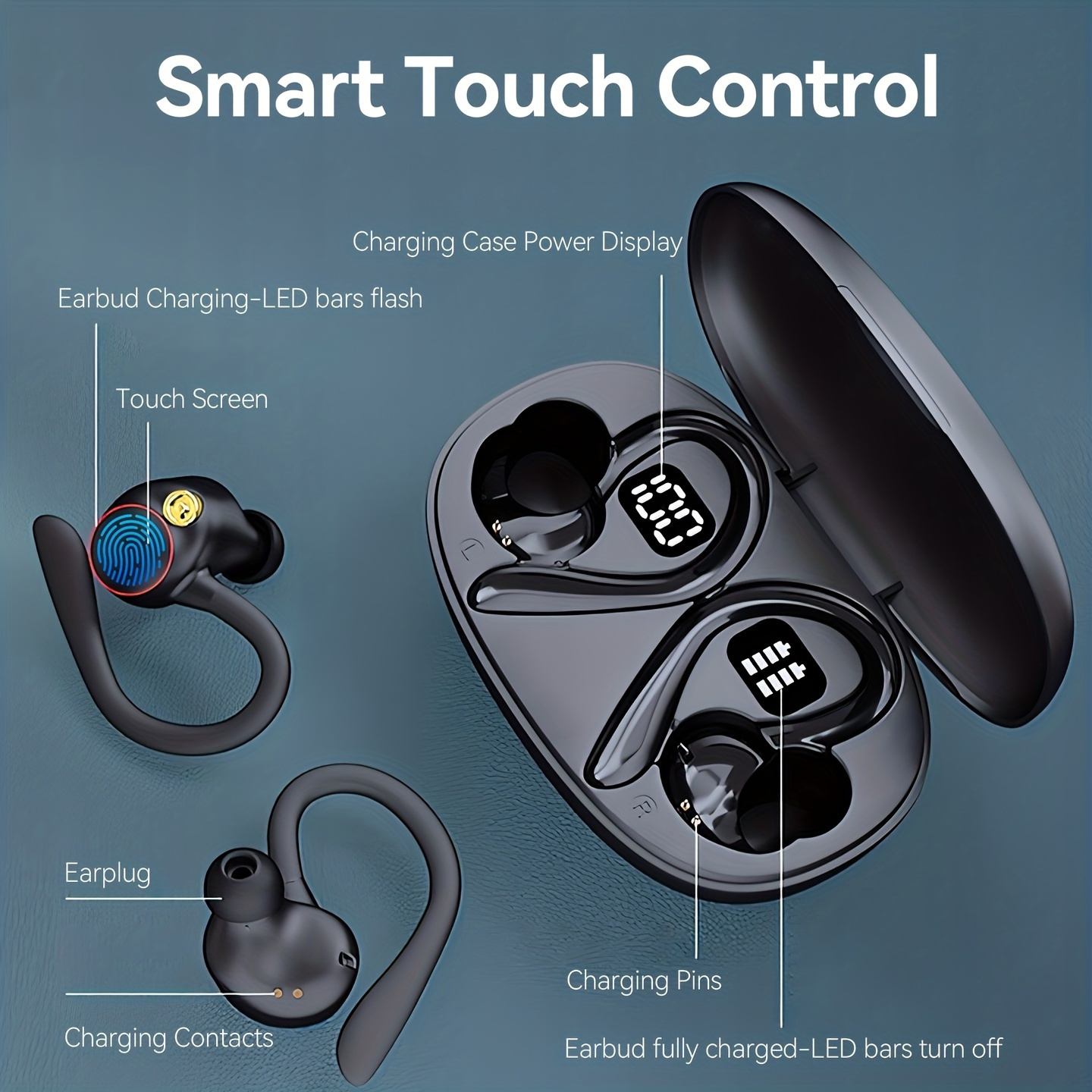 Fones de ouvido sem fio TWS, fones de ouvido esportivos à prova d'água, fone de ouvido estéreo sobre a orelha com microfone com ganchos, fones de ouvido intra-auriculares com estojo de exibição de bateria LED_voghion.com