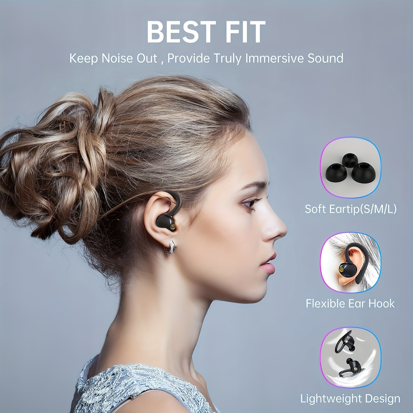 Fones de ouvido sem fio TWS, fones de ouvido esportivos à prova d'água, fone de ouvido estéreo sobre a orelha com microfone com ganchos, fones de ouvido intra-auriculares com estojo de exibição de bateria LED_voghion.com