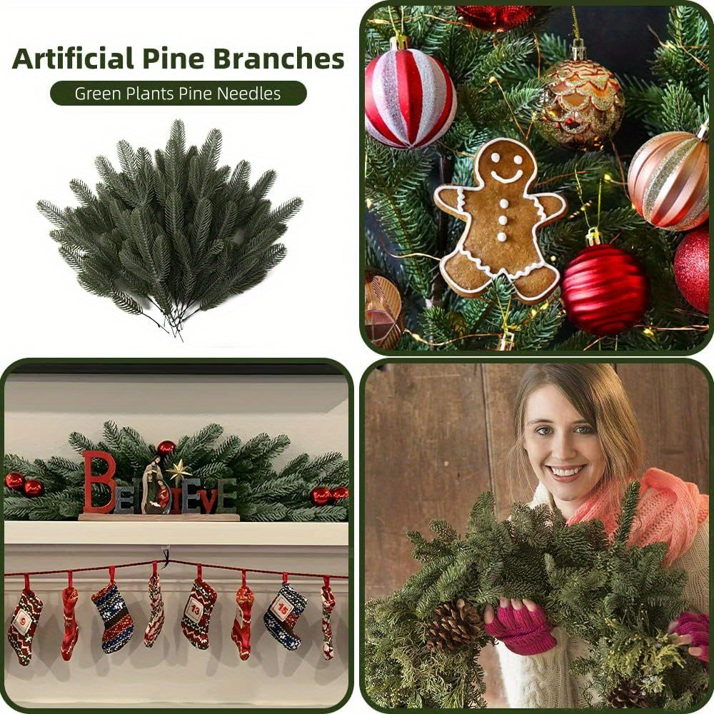 50 Pcs Artificial Pine Branches Green Plants Pine Needles DIY Accessories  for Garland Wreath Christmas and Home Garden Decor (50, Green)