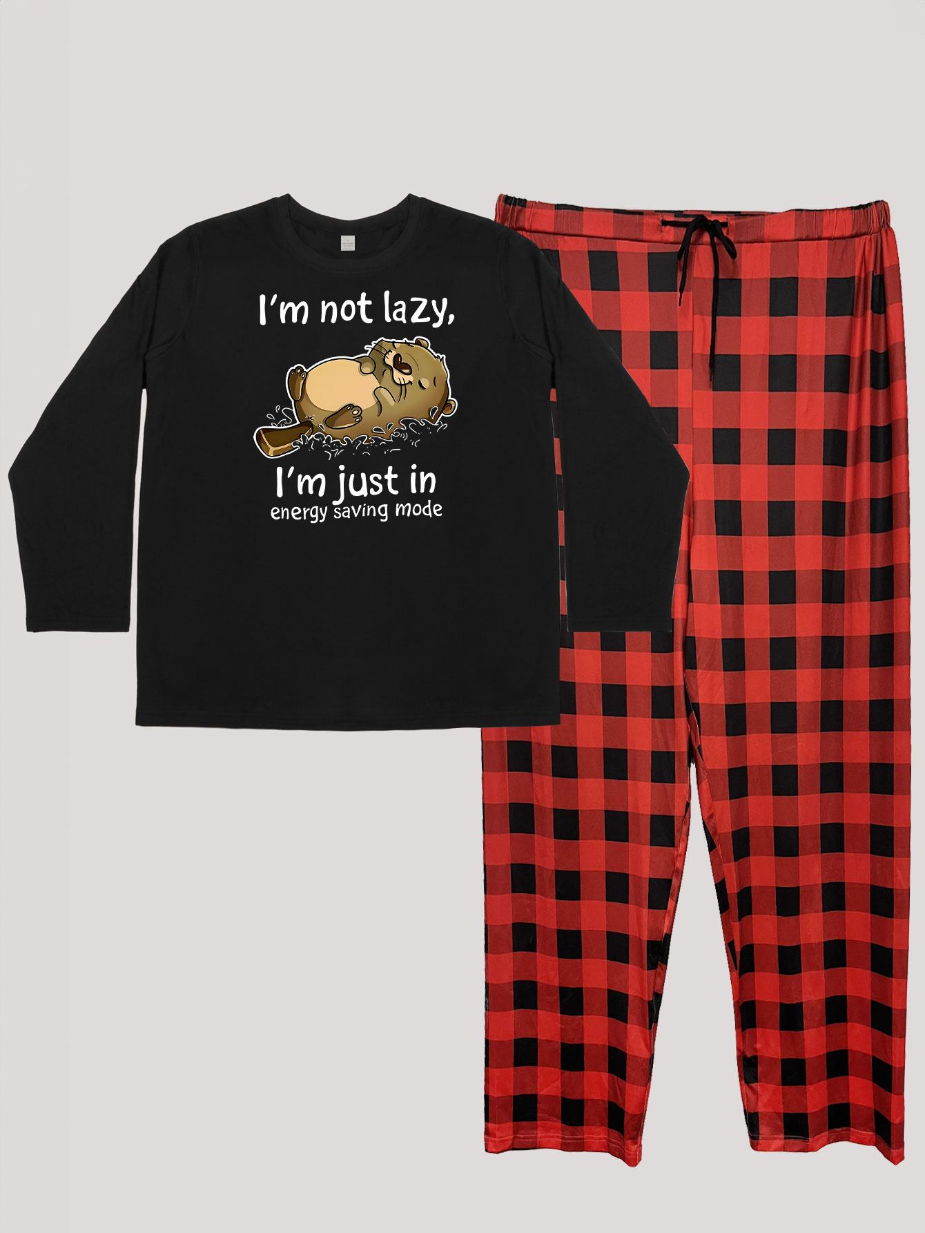 Cartoon Print Long Sleeve Tee & Plaid Pants Pajamas Set