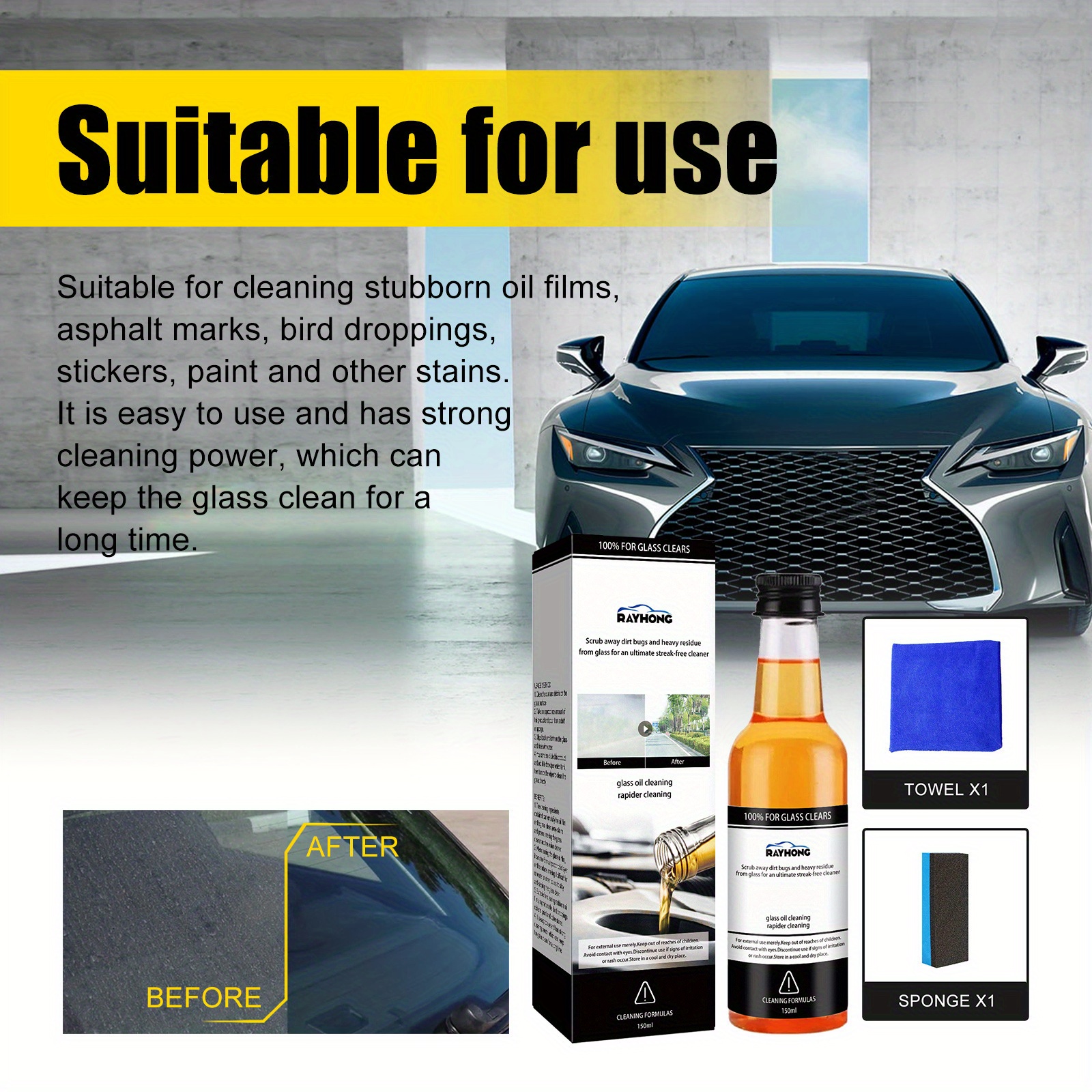 Car Glass Oil Film Stain Removal Cleaner,Oil Film Remover for Glass,Car  Windshield Oil Film Cleaner,for Car Windows and Glass Cleaning,with Sponge