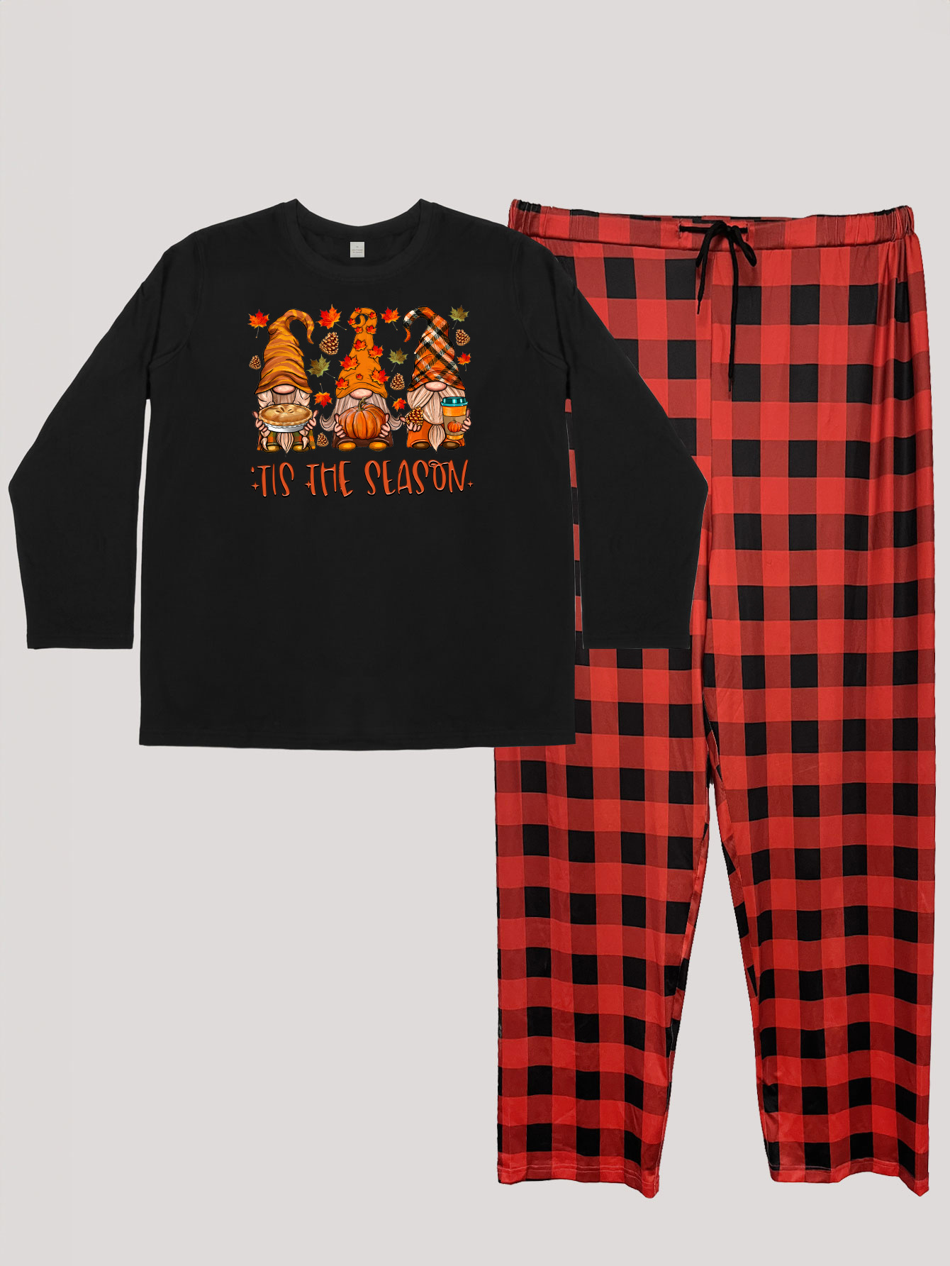 Gnomes & Maple Leaf Print Tee & Plaid Pants Pajama Set