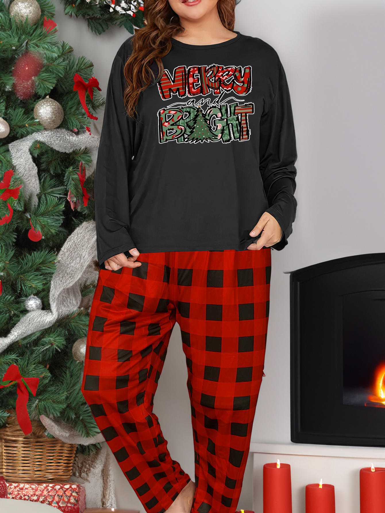Christmas Lounge Set: Tree Print Tee & Plaid Pants Pajamas
