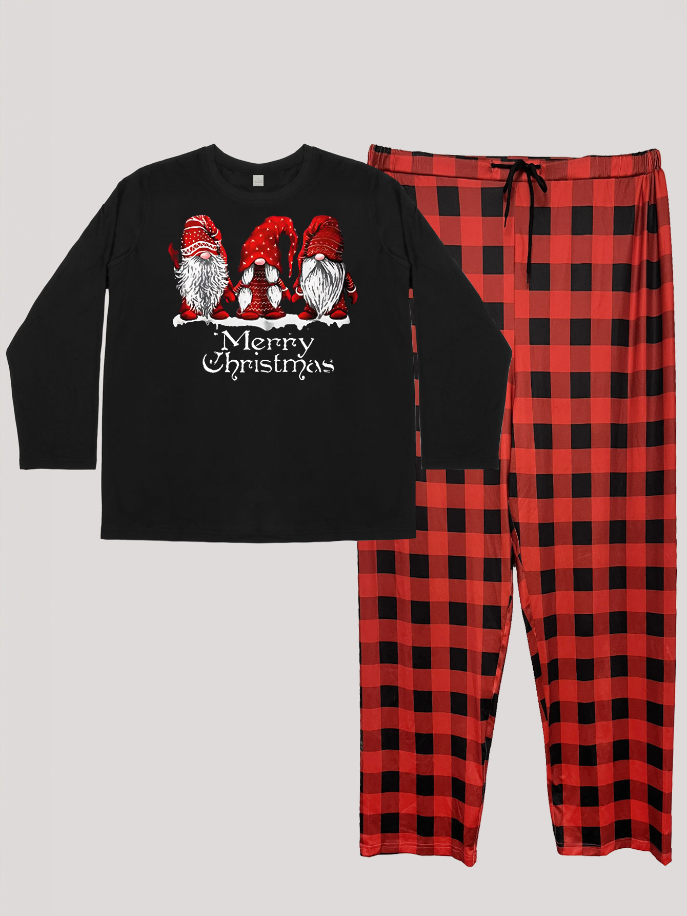 Christmas Lounge Set Gnomes & Slogan Print Tee & Plaid Pants Pajamas