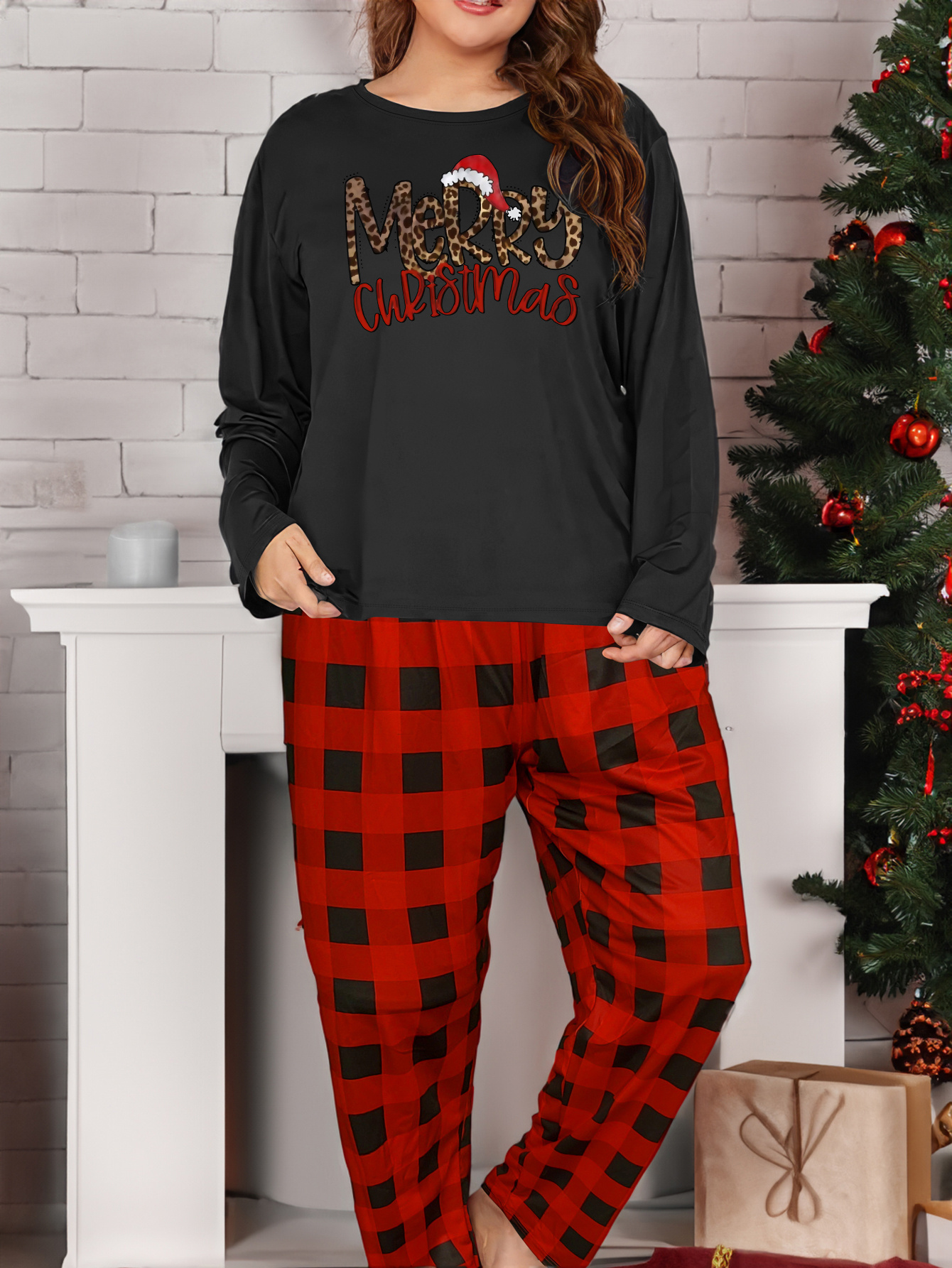 Christmas Lounge Set Women's Leopard Tee Plaid Pajamas