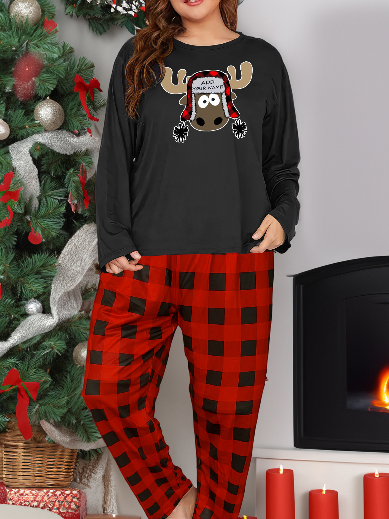 Christmas Lounge Set: Elk Print Tee & Plaid Pants