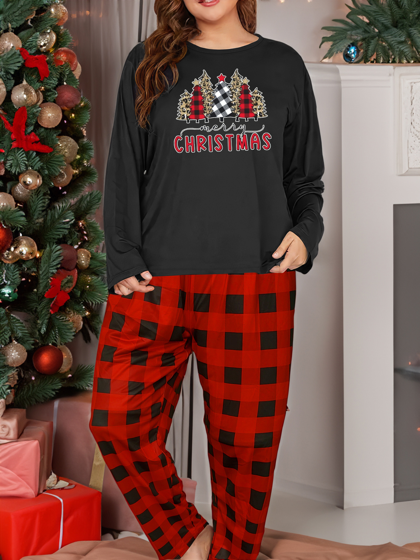 Women's Leopard Christmas Tree Pajamas Set