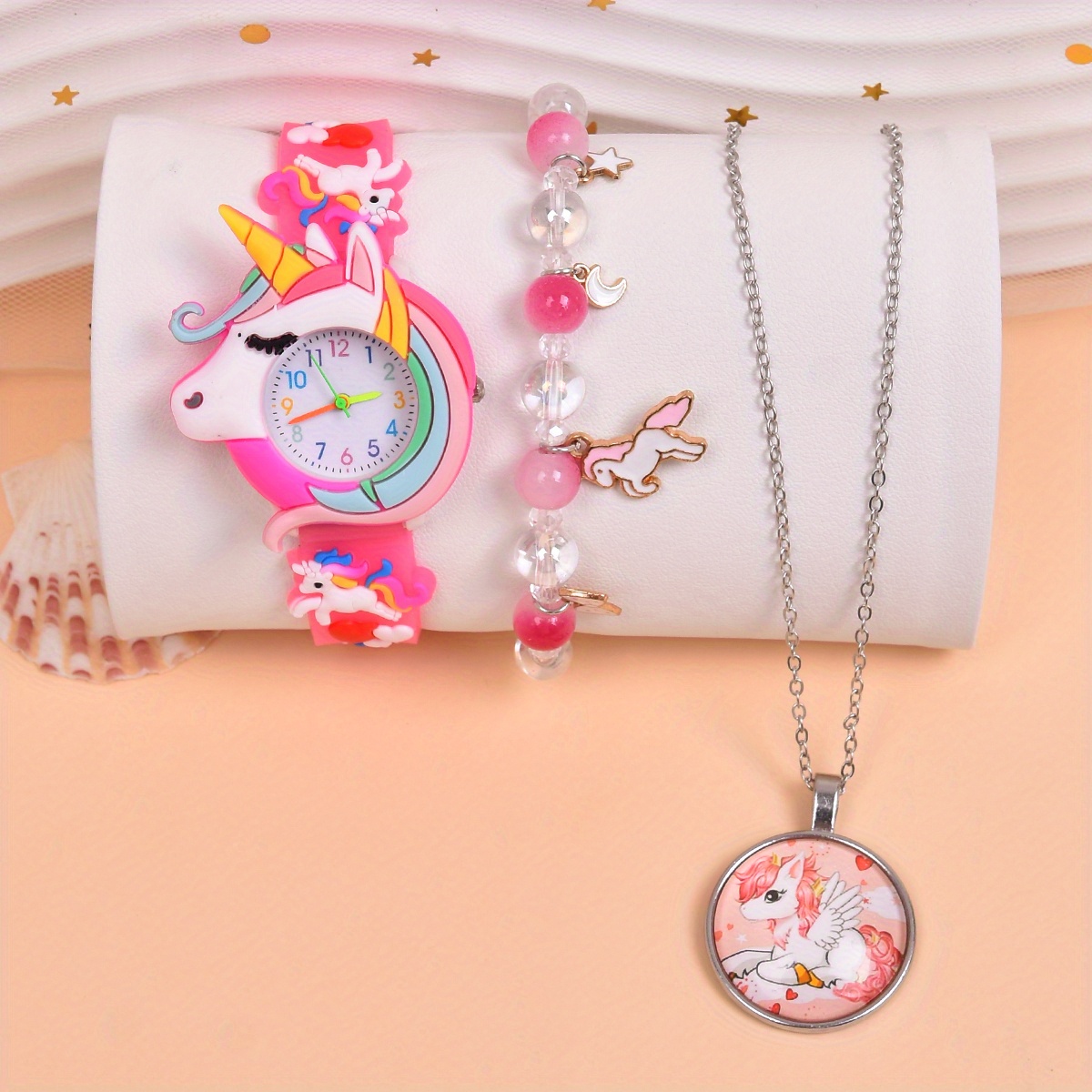 3pcs Girls Cute Cartoon Colorful Beaded Bracelets with Unicorn Rainbow Flower Pendant Decorative Accessories,Gift for Girls,Temu