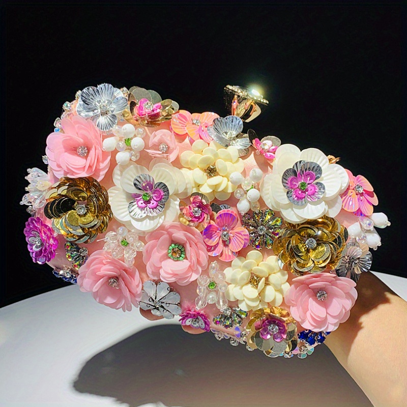 Faux Pearl Decor Evening Bag, 3D Flower Wedding Bridal Bag, Top Ring Clutch Purse for Prom Banquet,Temu