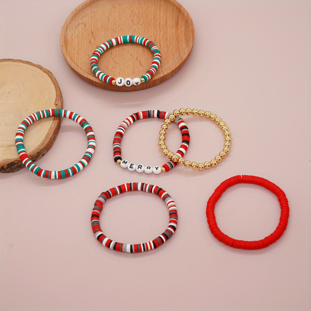 Handmade Christmas Heishi Beaded Bracelet Sets, Clay Bead