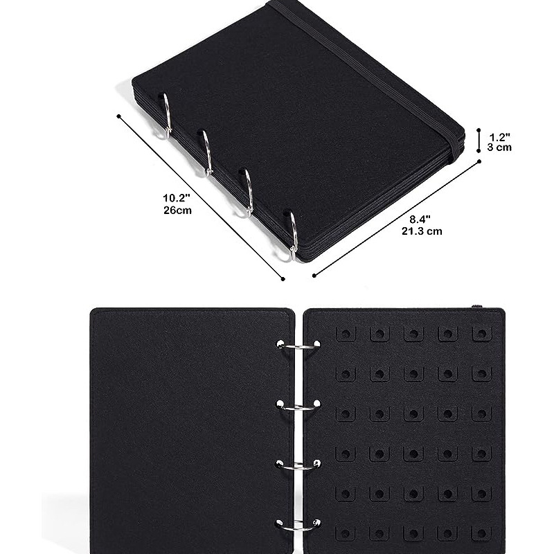 FINGERINSPIRE 2 Set Felt Pin Display Boards with 4 pcs Protect Pages &  Removable Ring Binders 10x7.5 inch Black Dust-Proof Pin Storage Book Brooch