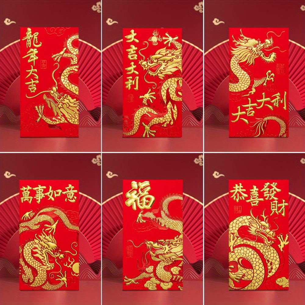 Red Hong bao envelope with Gold Dragon Statues, and 'Happy New Year'  Message. Year of the Tiger concept. Stock Illustration