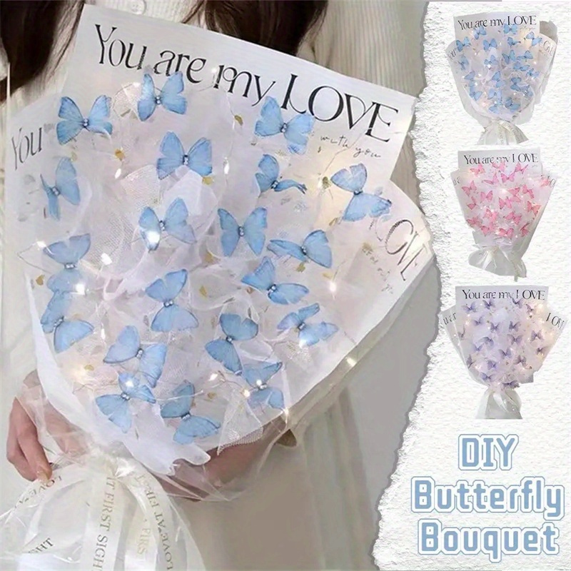Diy Butterfly Bouquets Handmade Butterfly Flower Material Package Bouquet  With Light String Wedding Decor Gift for Girlfriend 