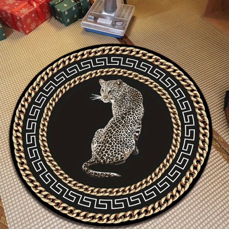 1pc thickened non slip high quality golden   velvet round light luxury leopard decorative living room carpet high end bedroom bedside soft floor mat   leisure area coffee table plush rug details 0