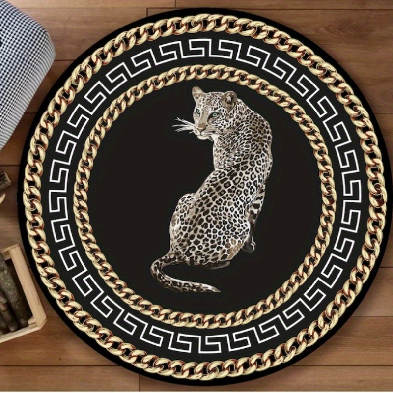 1pc thickened non slip high quality golden   velvet round light luxury leopard decorative living room carpet high end bedroom bedside soft floor mat   leisure area coffee table plush rug details 2