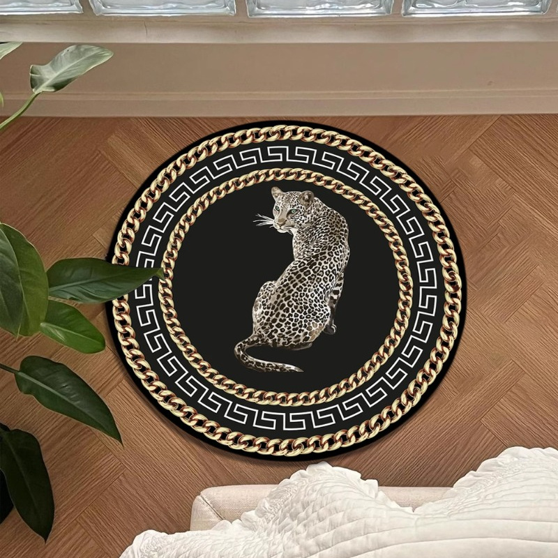 1pc thickened non slip high quality golden   velvet round light luxury leopard decorative living room carpet high end bedroom bedside soft floor mat   leisure area coffee table plush rug details 3