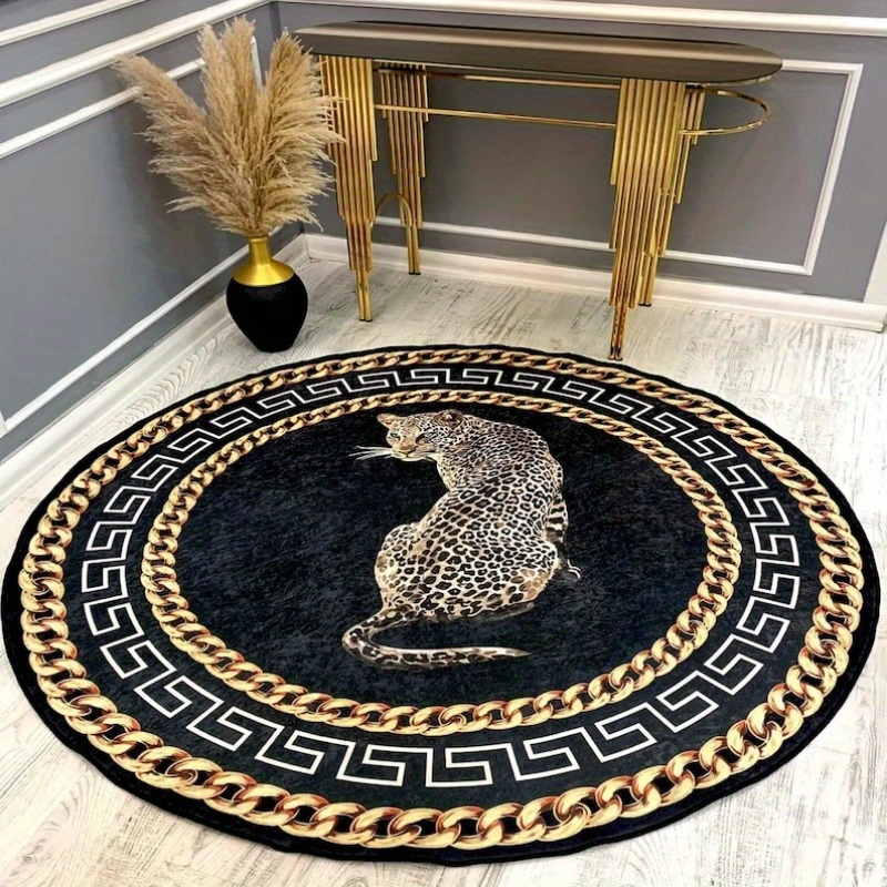 1pc thickened non slip high quality golden   velvet round light luxury leopard decorative living room carpet high end bedroom bedside soft floor mat   leisure area coffee table plush rug details 4