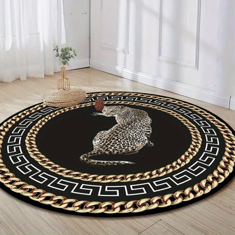 1pc thickened non slip high quality golden   velvet round light luxury leopard decorative living room carpet high end bedroom bedside soft floor mat   leisure area coffee table plush rug details 6