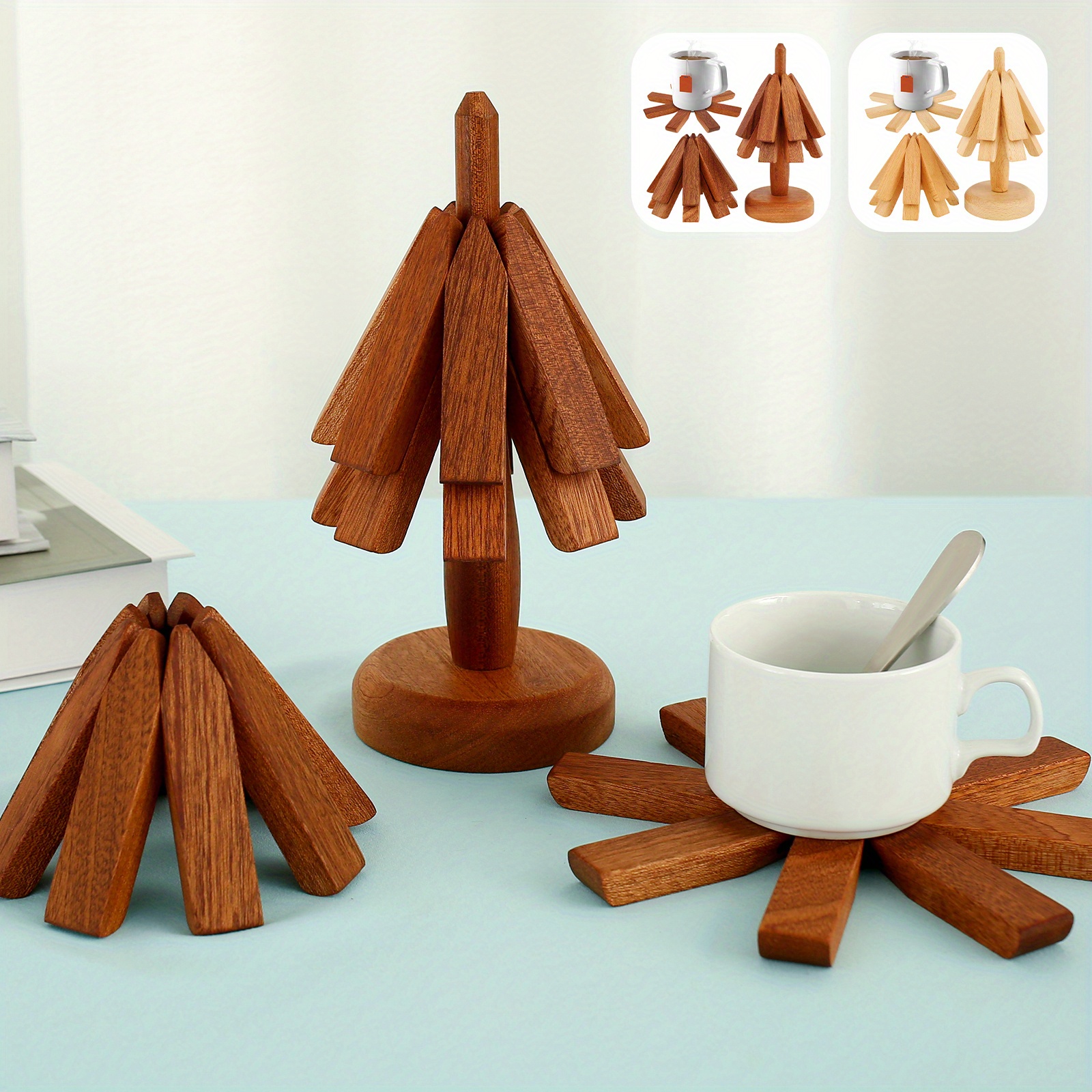 Creative Foldable Wood Placemats Tree Shape Placemats Wooden Trivets for  Hot Dishes Household Coaster (Color : Beech, Size : 1 Set with 4 pcs)