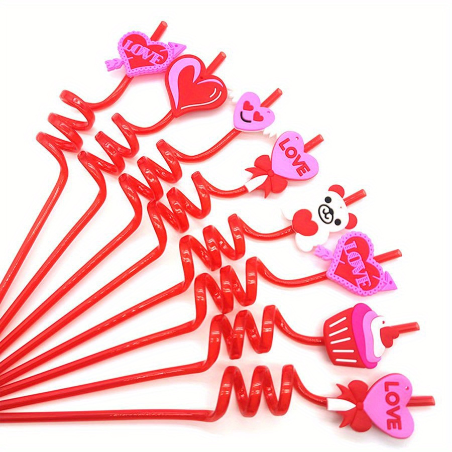 10pcs Love Heart Pink & Red Reusable Plastic Hard Straws For