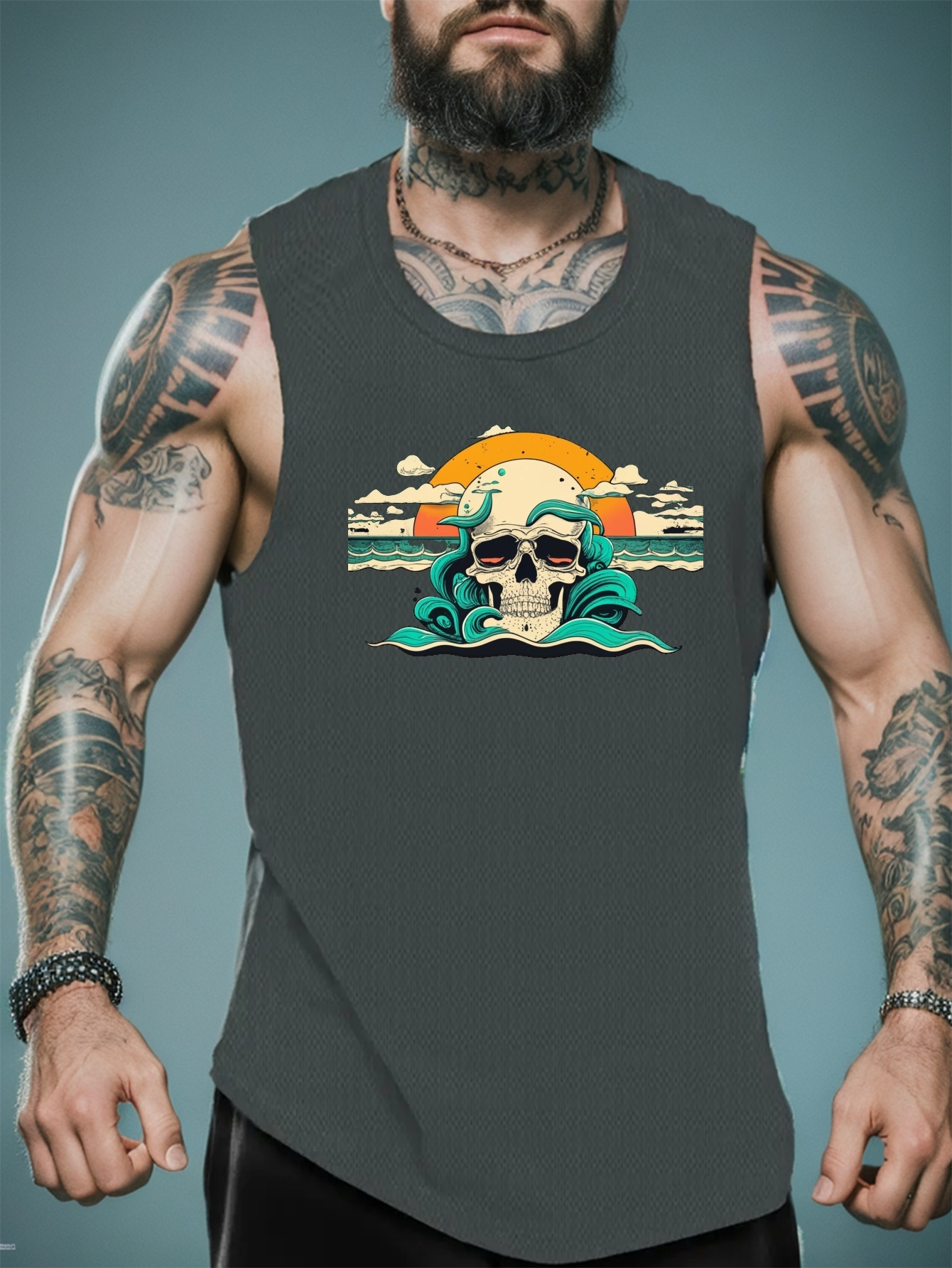 Tribal Skull Fitted Tank Top, Athletic Tank Top, Fitted Tank Tops