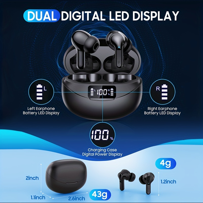 Fones de ouvido estéreo sem fio verdadeiros, fones de ouvido com cancelamento de ruído TWS, fone de ouvido esportivo à prova d'água, fones de ouvido com controle de toque e estojo de carregamento LED_voghion.com