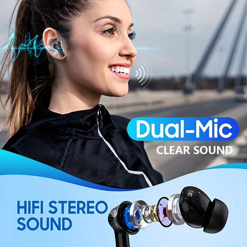 Fones de ouvido estéreo sem fio verdadeiros, fones de ouvido com cancelamento de ruído TWS, fone de ouvido esportivo à prova d'água, fones de ouvido com controle de toque e estojo de carregamento LED_voghion.com