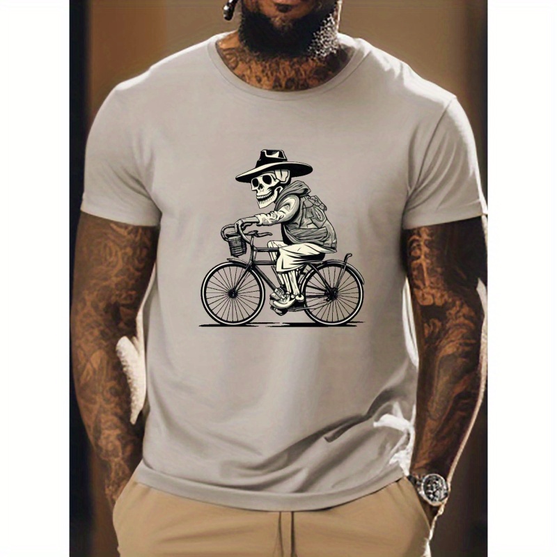 

Bicycle Skull Anime Pattern Men's T-shirt For Summer Outdoor, Stylish Male Clothing