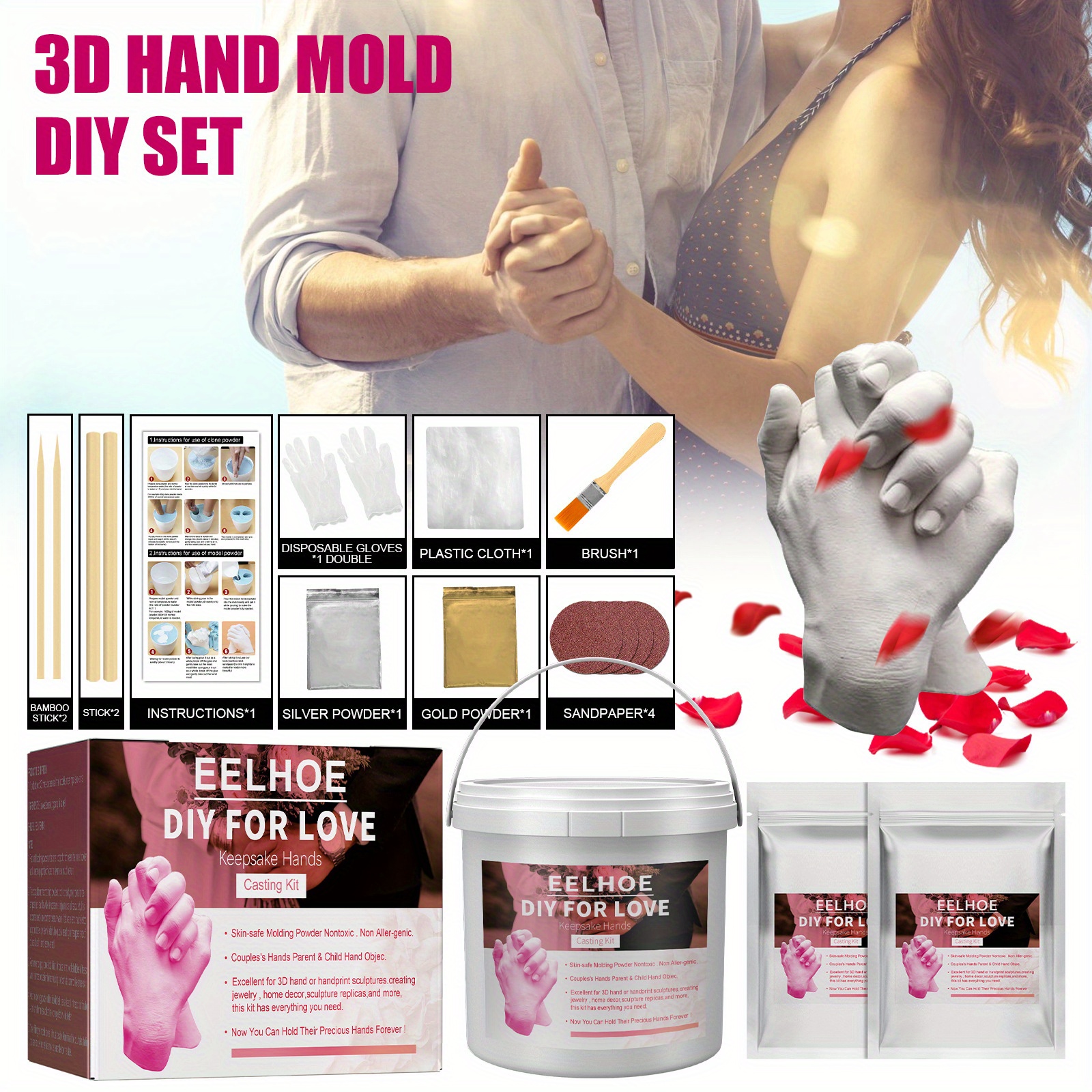 3D Hand Casting Kit Couples DIY Hand Molding Kit for Adults Keepsake Hand Mold Kit for Valentine's Day Wedding Anniversary Gifts, Adult Unisex, Size