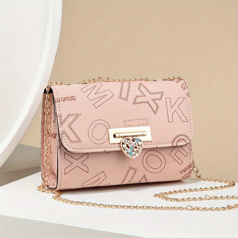 Letter Print Mini Crossbody Bag, Women's Chain Shoulder Bag, Retro Square  Purse With Heart Buckle