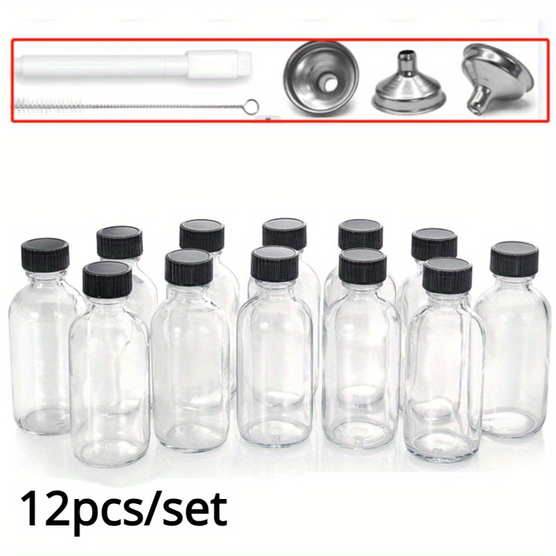 12, 2 oz Small Clear Glass Bottles (60ml) with Lids & 3 Stainless