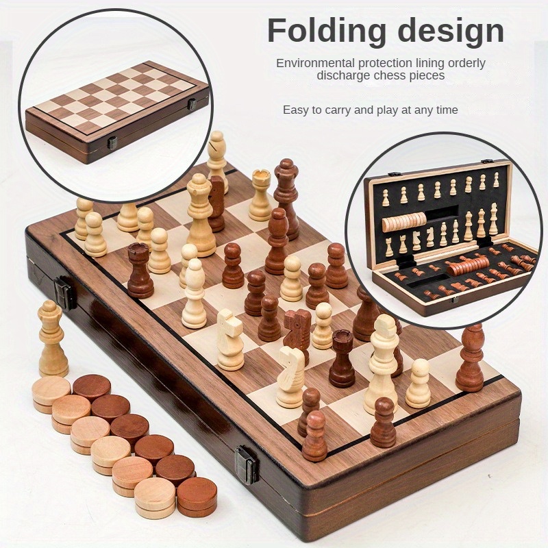 Three-in-one Solid Wood High-grade Chess Wooden Chess Foldable Convenient  Puzzle Board Game Toys Halloween/thanksgiving Day/christmas Gift - Temu