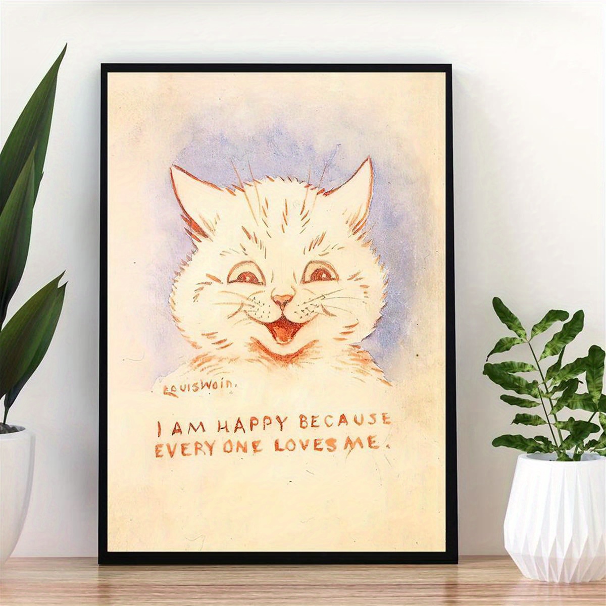 Louis Wain cat art print, I am Happy Because Everyone Loves Me, Kitsch cat  painting, Vintage animal wall art, White kitten, Cute animals