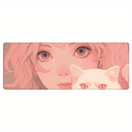 1pc square mouse pad animation girl with a cat light beige and pink unpolished authenticity cartoonish humor close up mouse pad game work accessories desktop decor office home dorm accessories details 0