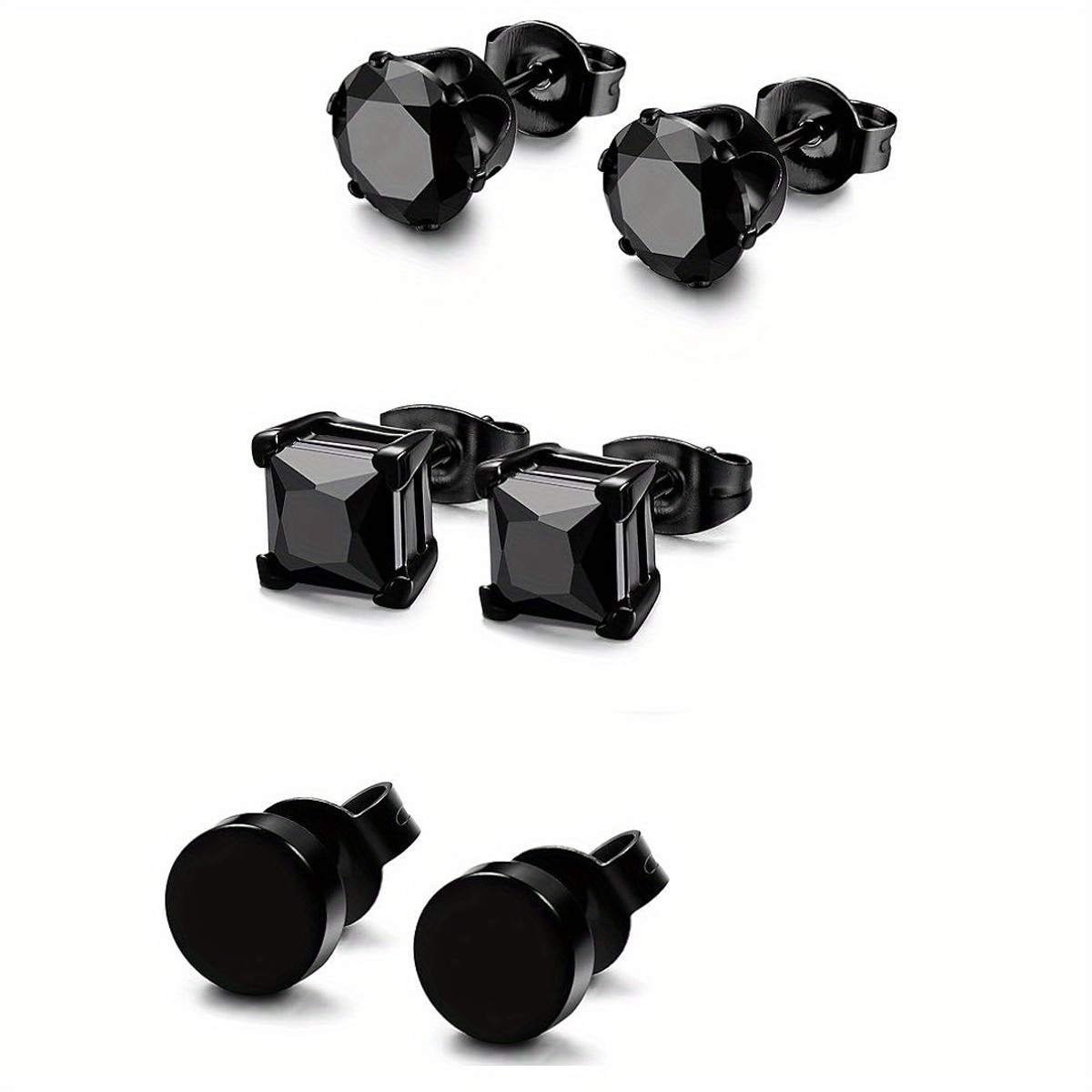 Image of 3 Pair 304 Stainless Steel Mens Womens Stud Earrings Set Black Pierced Hypoallergenic 6mm Earrings(6pcs,3 Pairs Black)