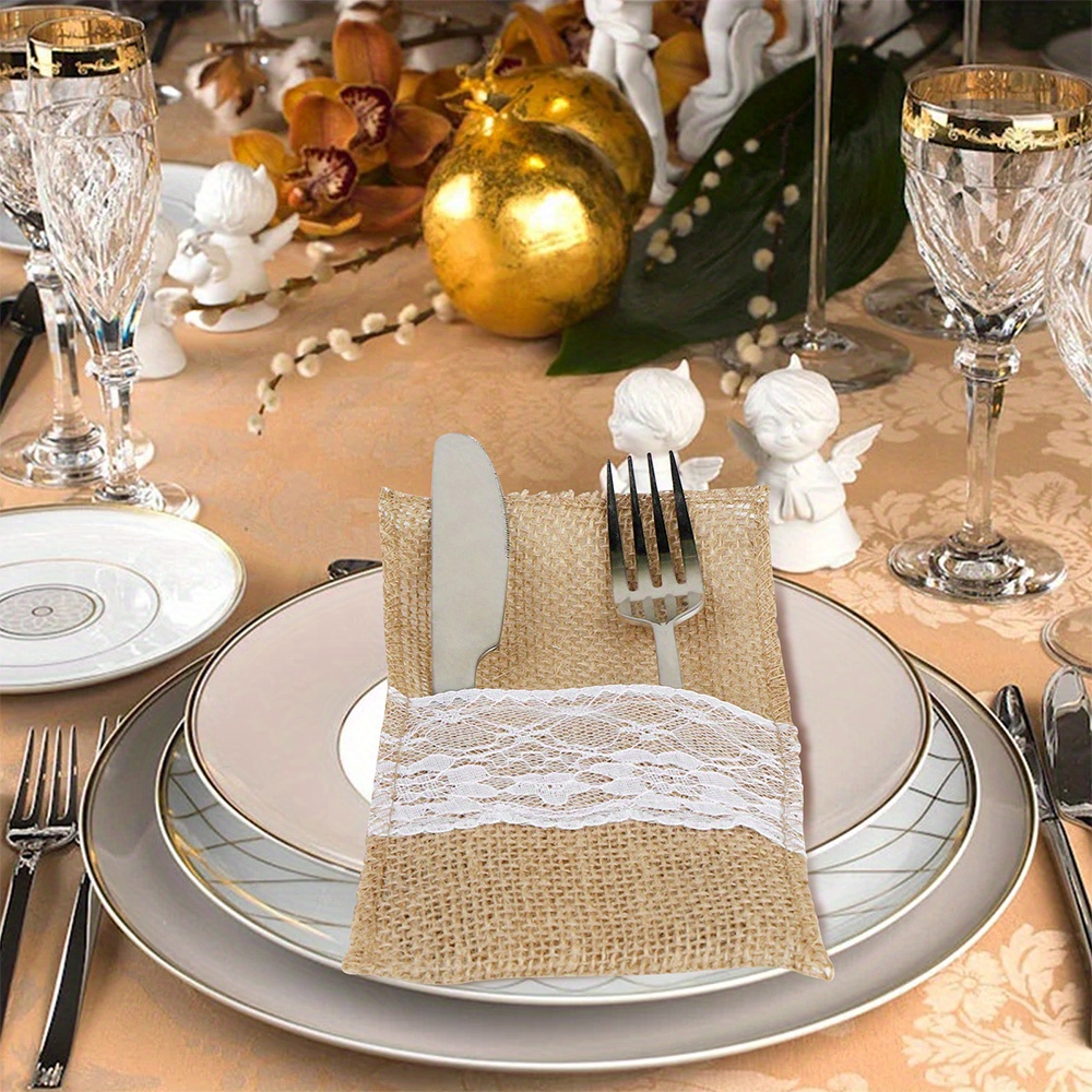 Natural Coarse Linen Lace Tableware Linen Bag Table Decor - Temu