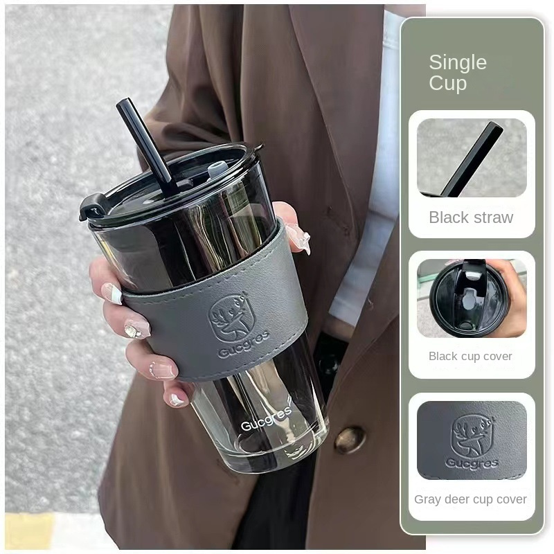 Glass Cup With Straw And Lid, 15.4oz (about 450g) Iced Coffee Cup, Water Cup,  Smoothie Cup, Aesthetic Couple Cup For Home Use