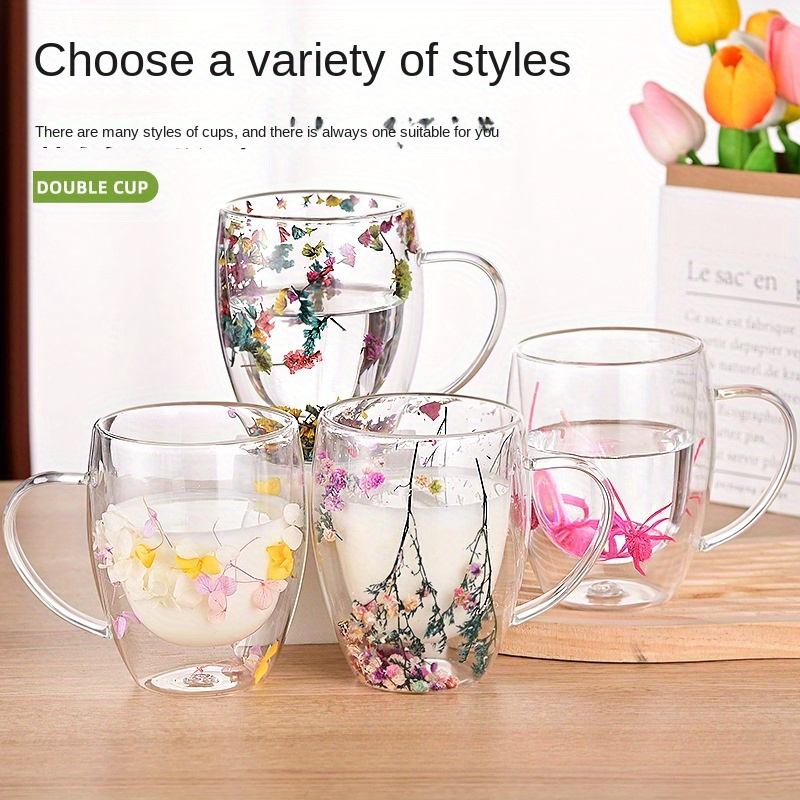 Double Wall Insulated Floral Glass Coffee Mugs