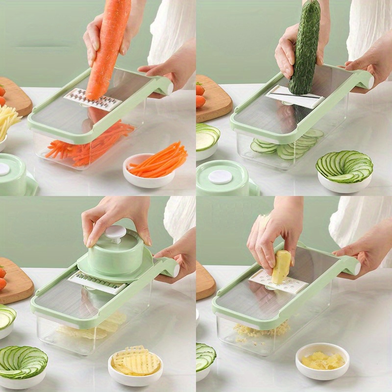 8pcs/set Kitchen Vegetable Slicer With 6 Blades, Drain Basket, Hand  Protector, Potato Slicer For Home Use, Green