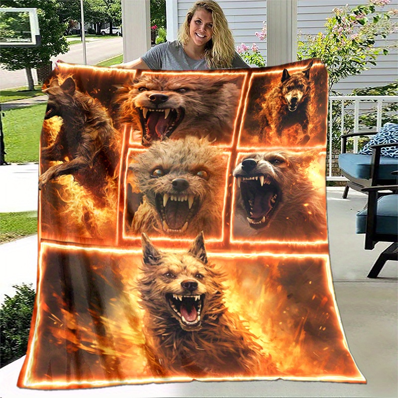 1pc Cozy Flame Dogs Print Blanket Lightweight Flannel Throw Blanket For  Sofa, Bed, Travel, Camping, Livingroom, Office, Couch, Chair, And Bed