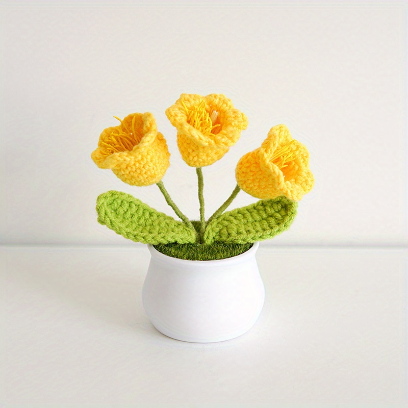 2件套手工编织小花盆植物，羊毛编织向日葵花束，冬季圣诞节家居桌面装饰