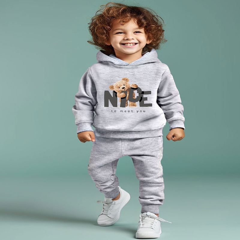 

2pcs "nice To Meet You" Print Hooded Outfit For Boys, Teddy Bear Pattern Hoodie & Comfy Pants Set, Kid's Clothes For Fall Winter, As Gift