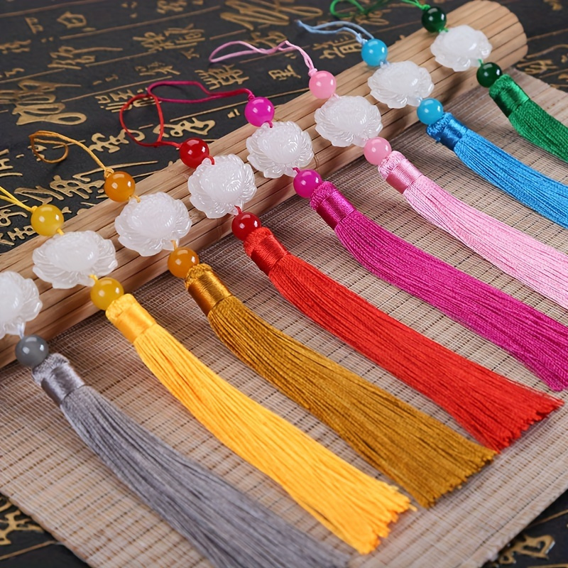 Image of 10pcs Random Color White For Lotus Tassel Jade Transparent Fan Pendant With Tassel Hanfu Pressed Lapel Tassel Pendant, Used For Weddings, Holiday Decorations, Decorations