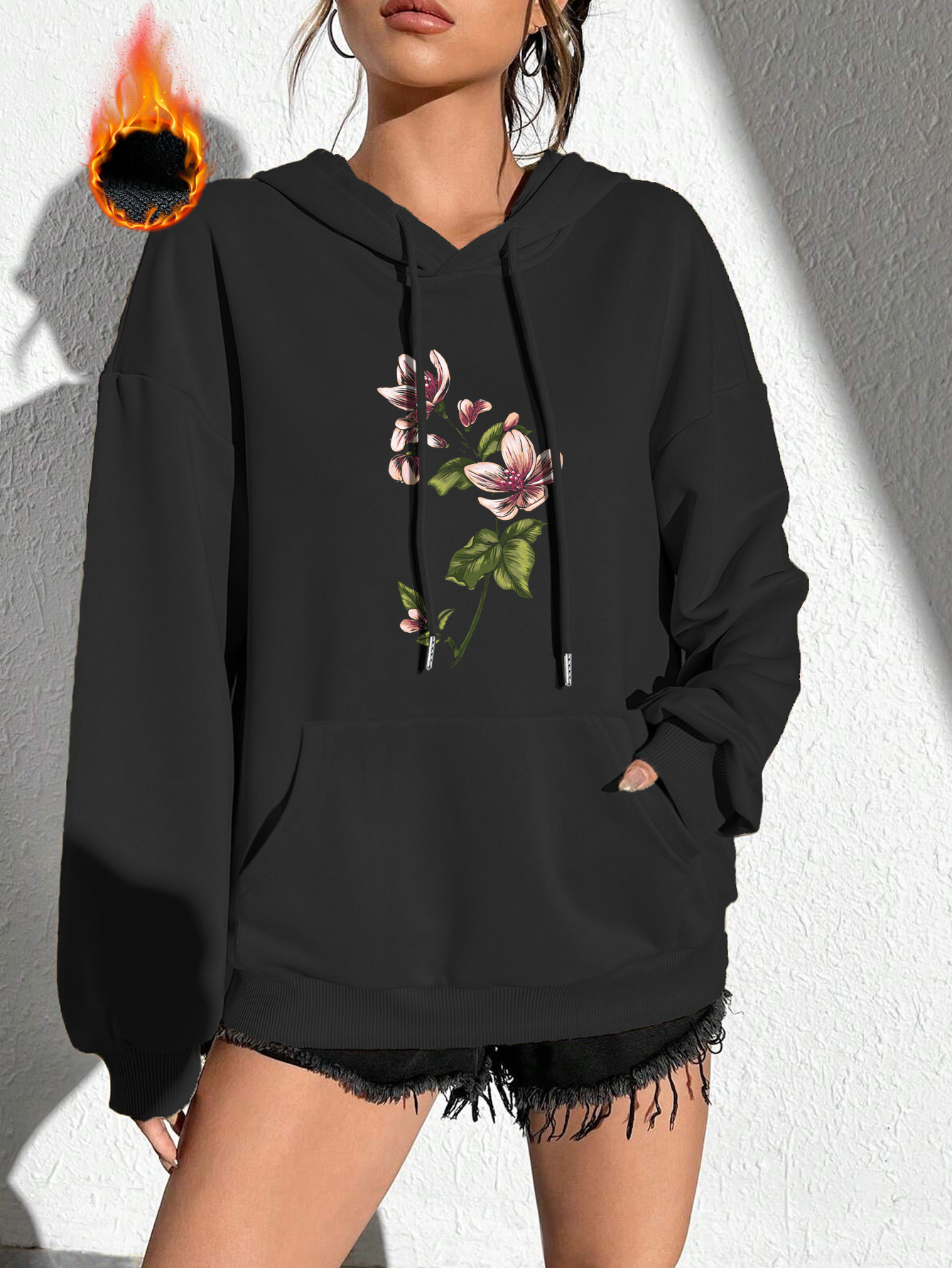 Floral Print Drawstring Hooded Sweatshirt, Long Sleeves Front